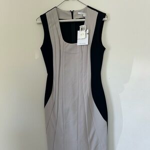 Diane Von Furstenberg Gray and Tan Sheath Dress Sleeveless Scoop Neck Midi